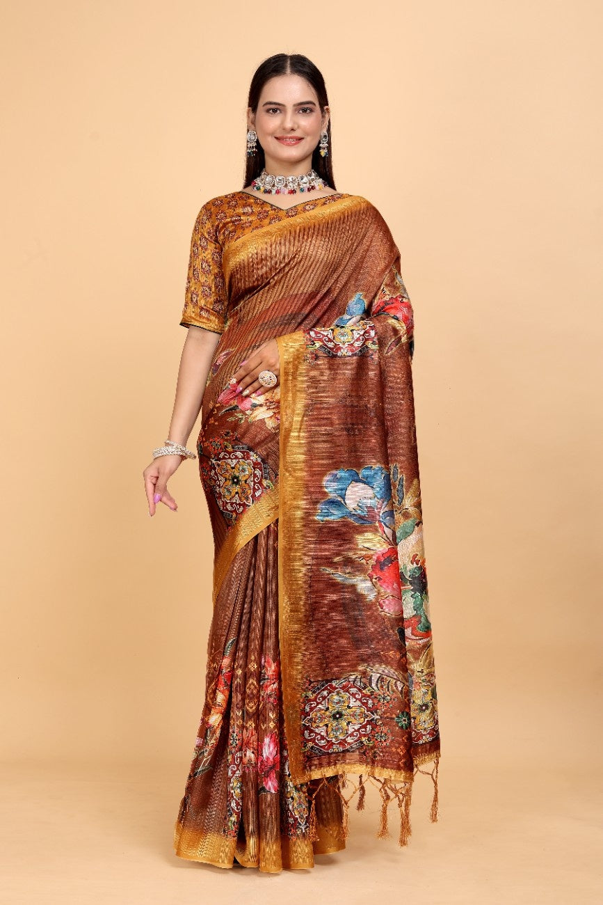 Silk Blend Saree with bold floral motifs and intricate border