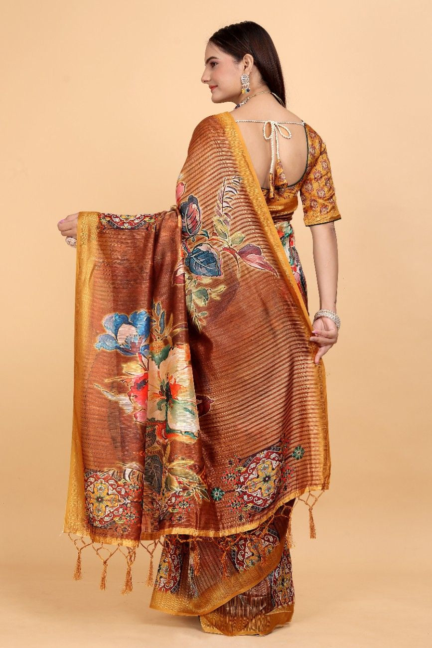 Silk Blend Saree with bold floral motifs and intricate border