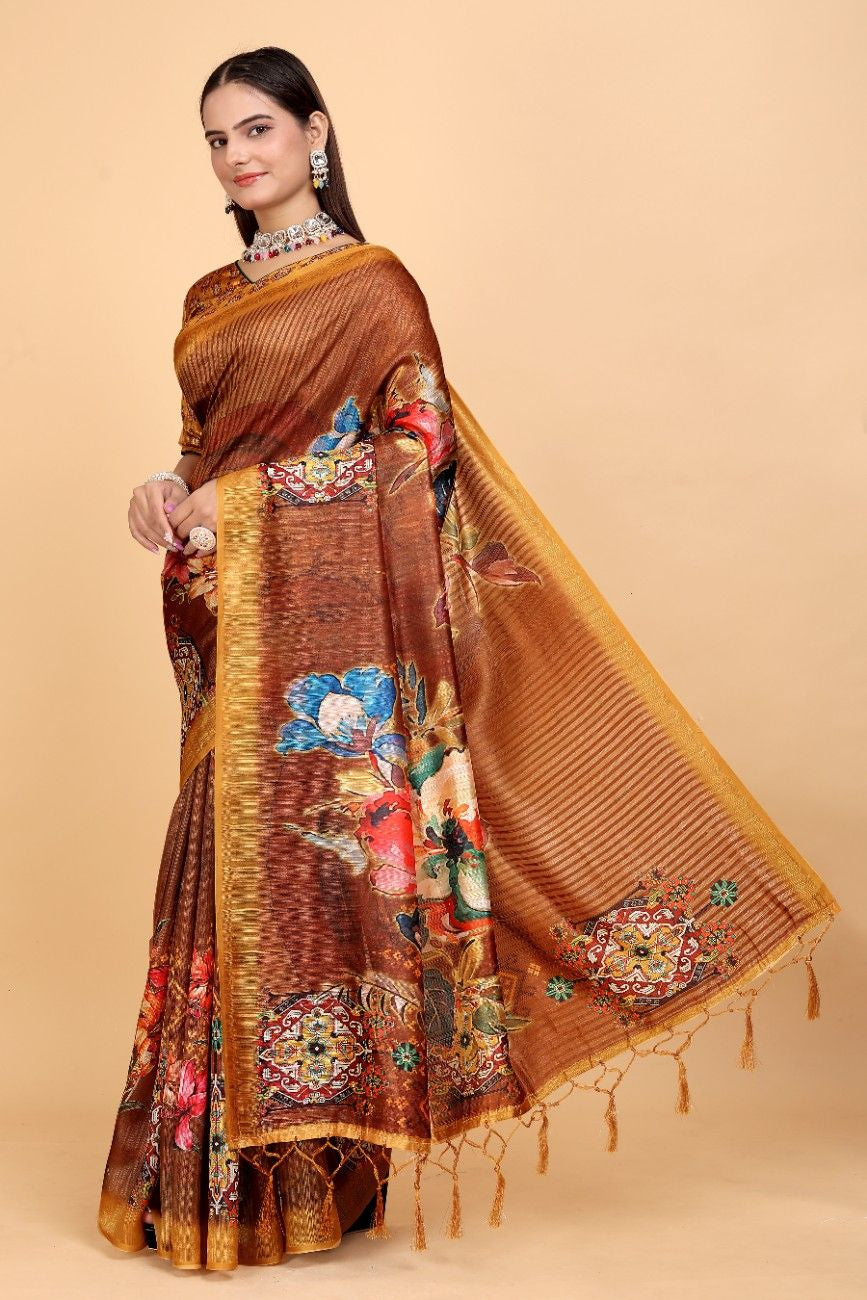 Silk Blend Saree with bold floral motifs and intricate border