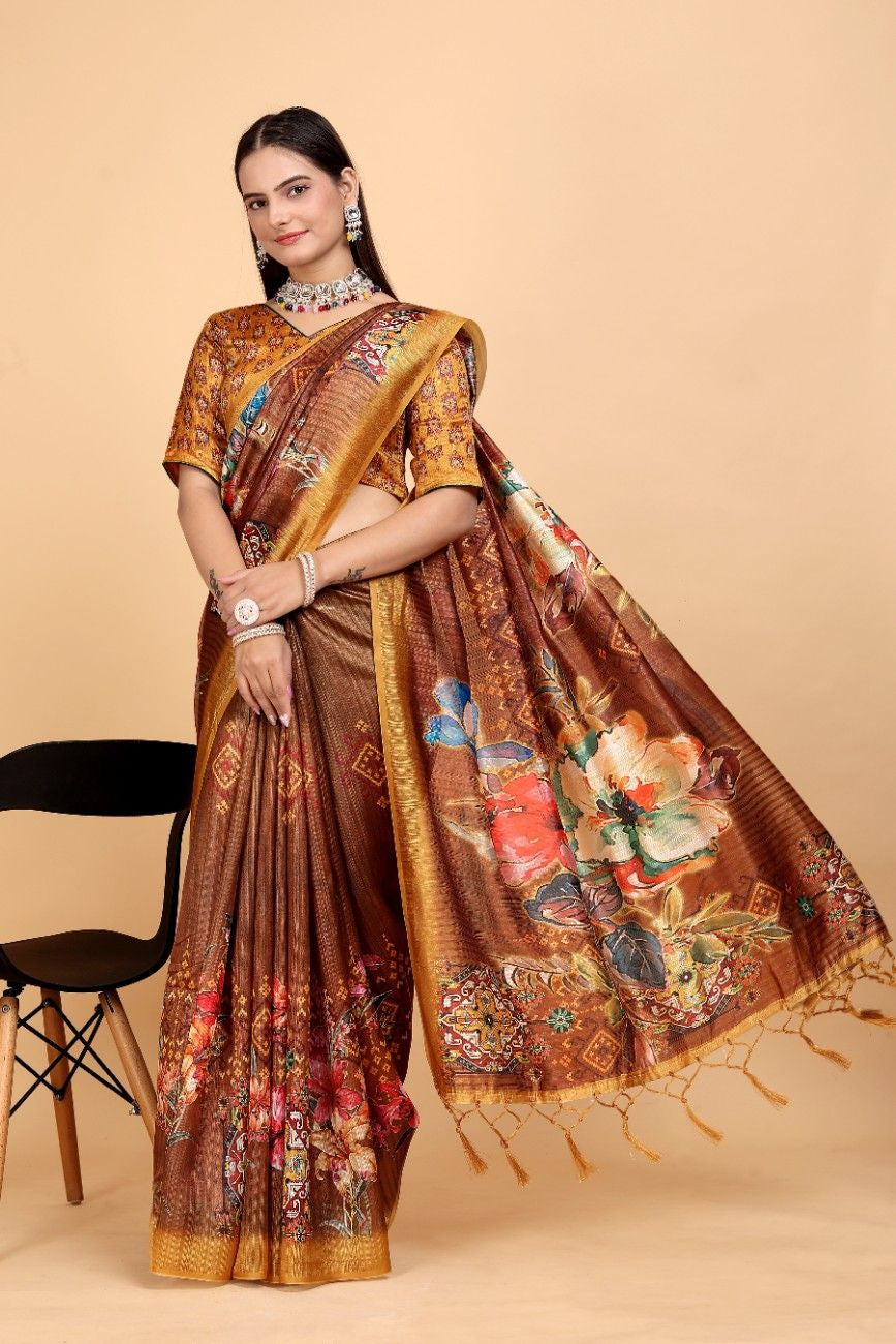 Silk Blend Saree with bold floral motifs and intricate border