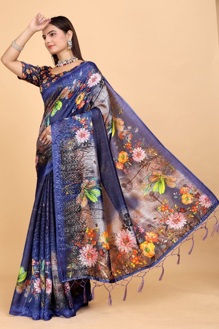 Silk Blend Saree with bold floral motifs and intricate border