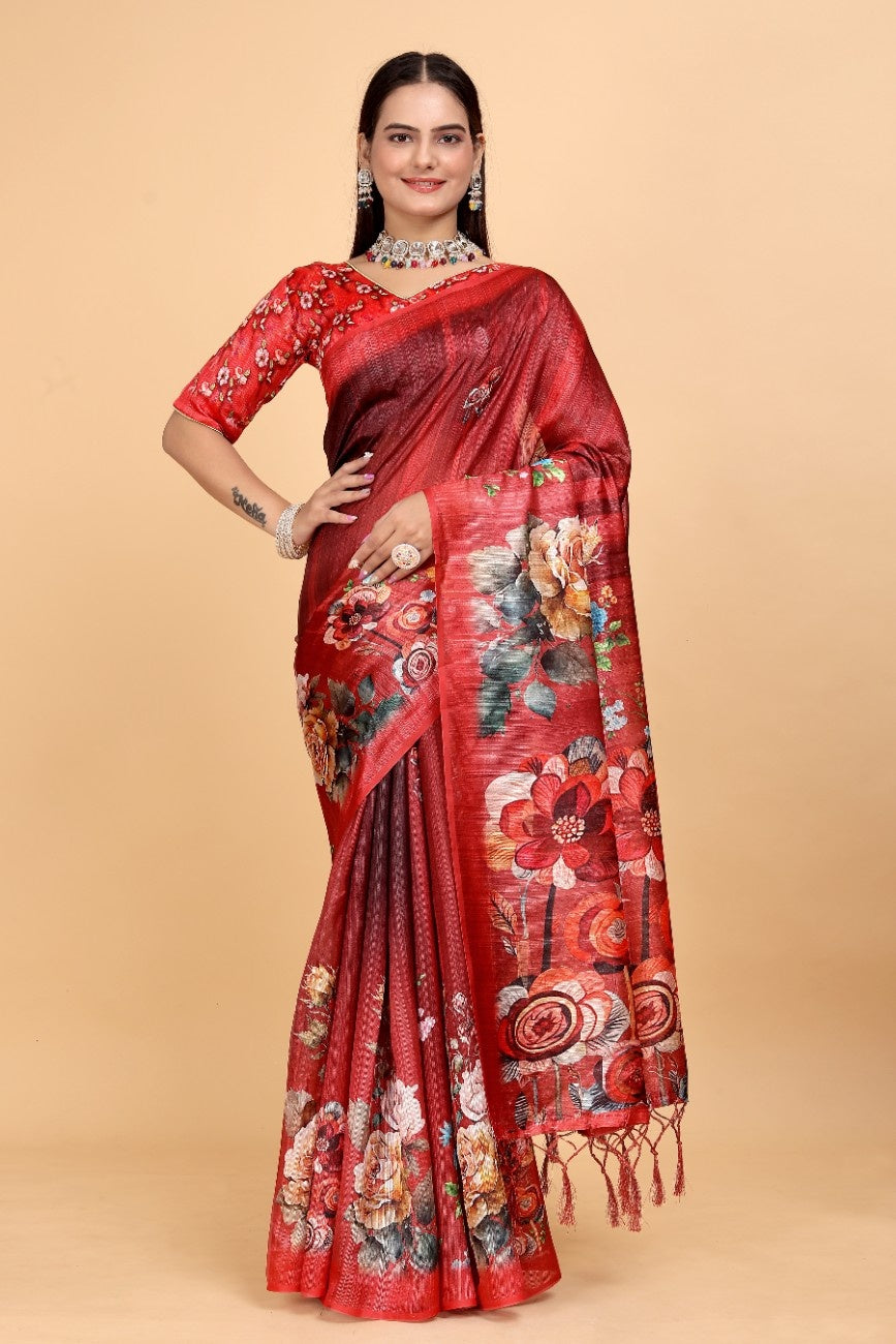 Silk Blend Saree with bold floral motifs and intricate border