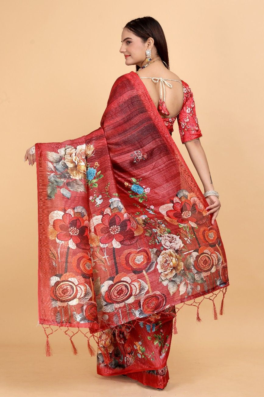 Silk Blend Saree with bold floral motifs and intricate border