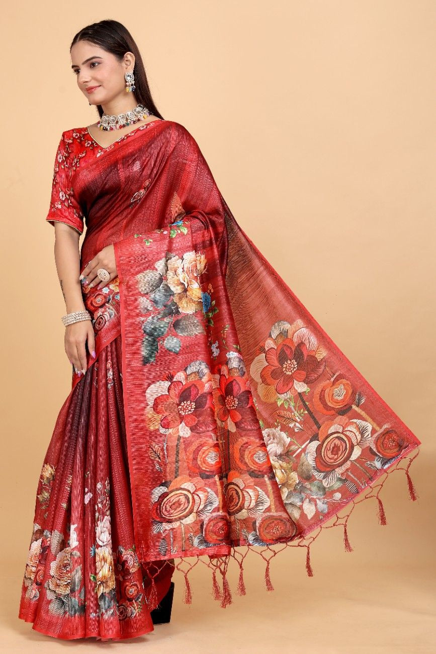 Silk Blend Saree with bold floral motifs and intricate border