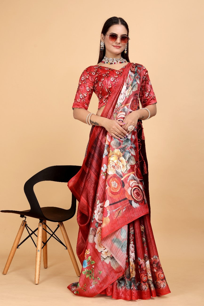 Silk Blend Saree with bold floral motifs and intricate border