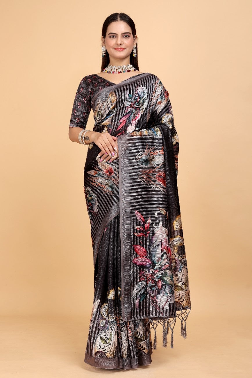 Silk Blend Saree with bold floral motifs and intricate border