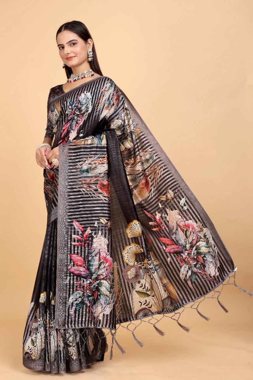 Silk Blend Saree with bold floral motifs and intricate border