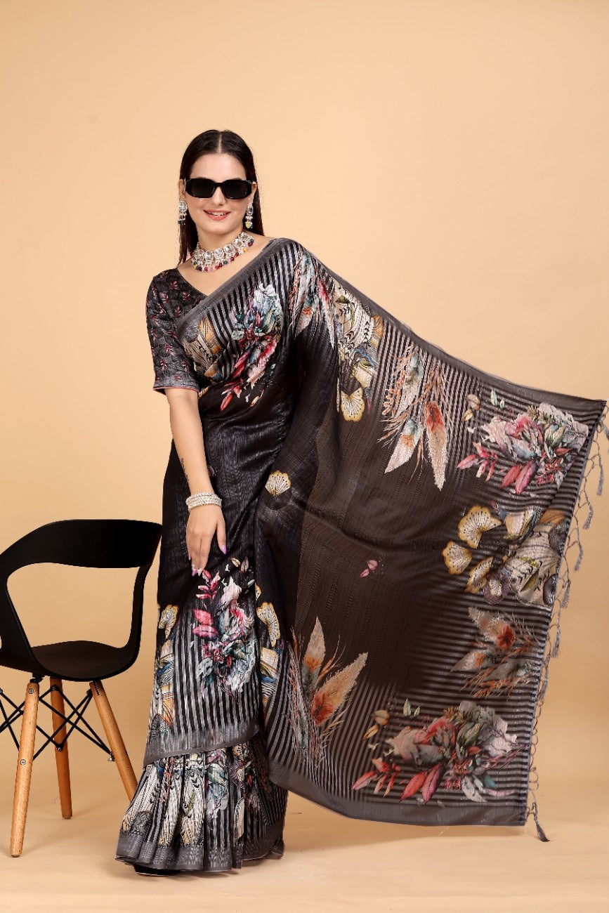 Silk Blend Saree with bold floral motifs and intricate border