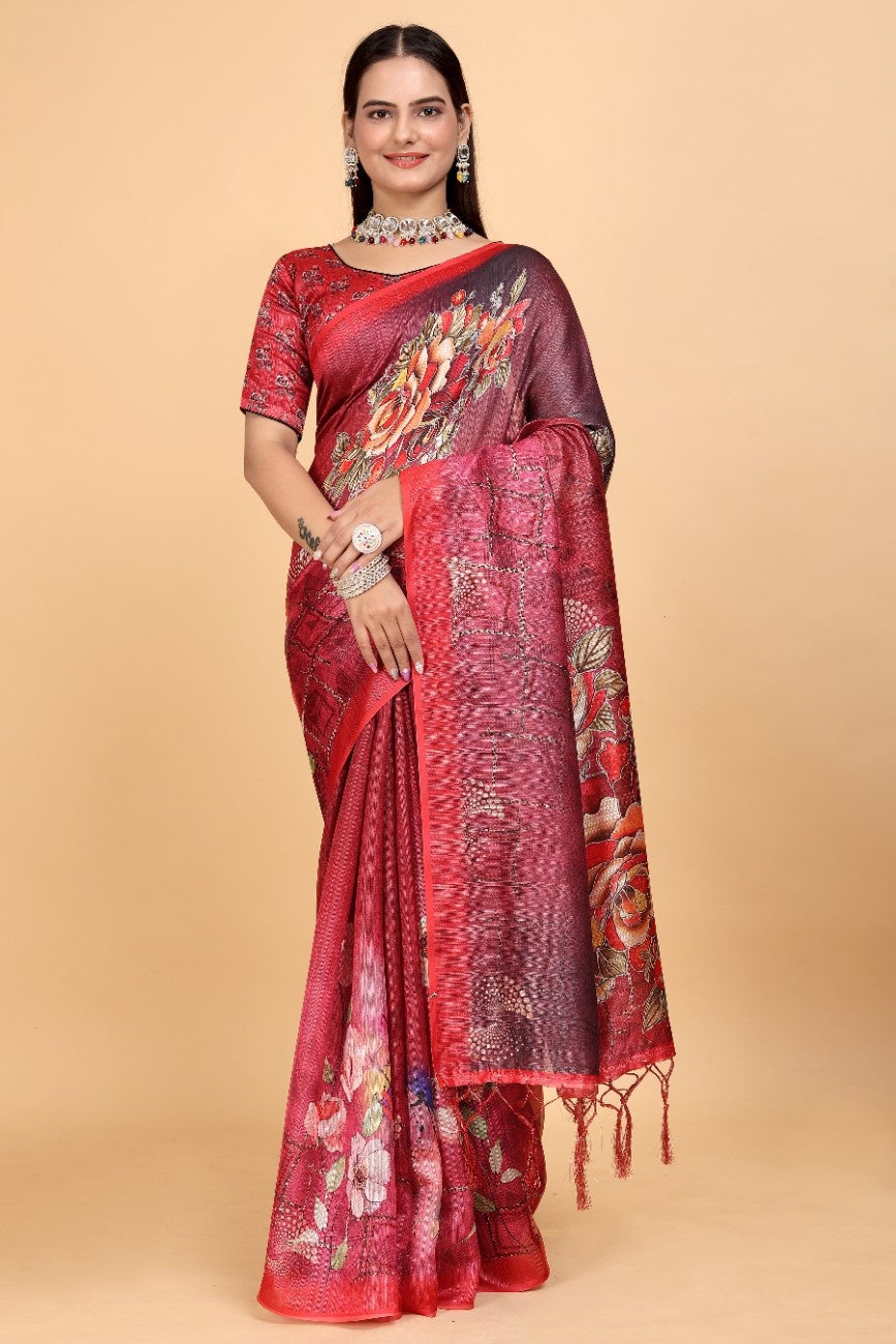 Silk Blend Saree with bold floral motifs and intricate border