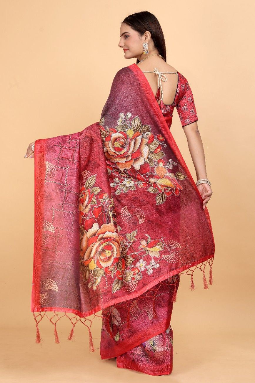 Silk Blend Saree with bold floral motifs and intricate border