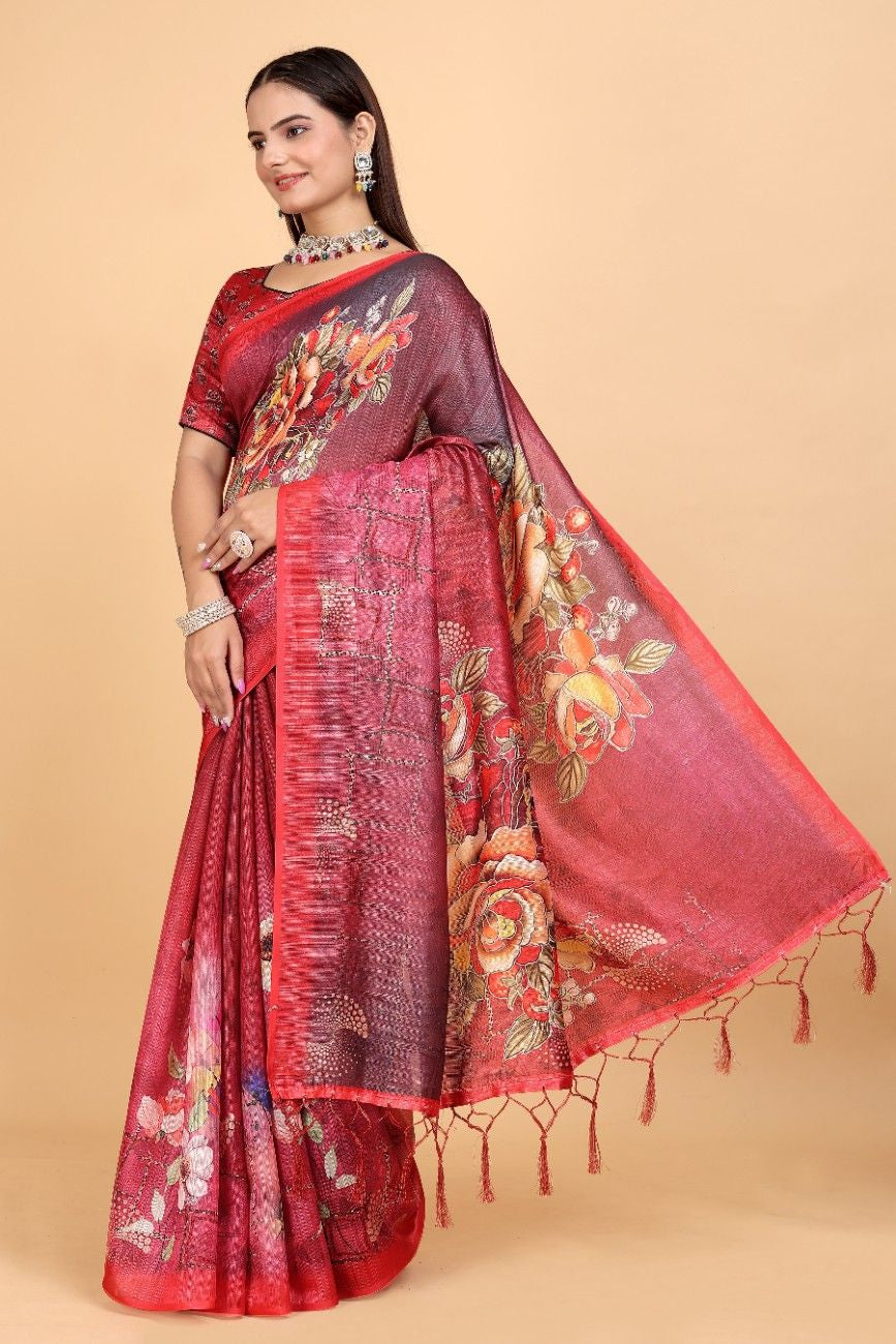 Silk Blend Saree with bold floral motifs and intricate border