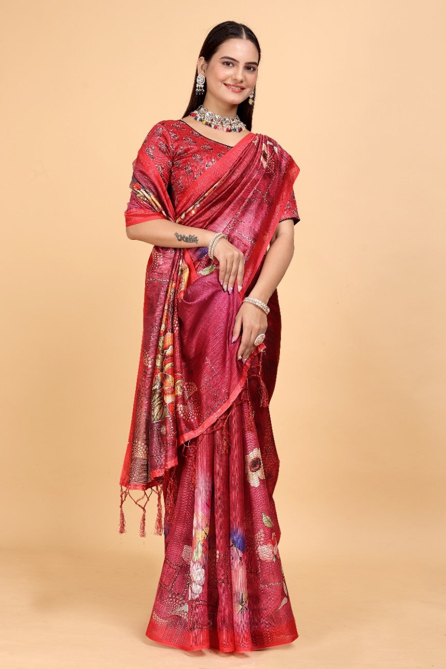 Silk Blend Saree with bold floral motifs and intricate border