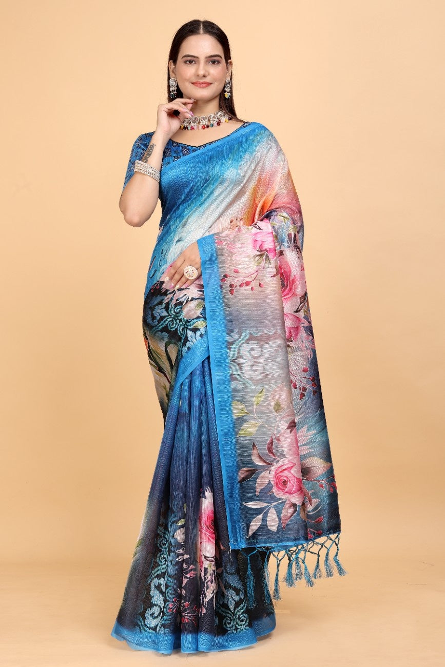 Silk Blend Saree with bold floral motifs and intricate border