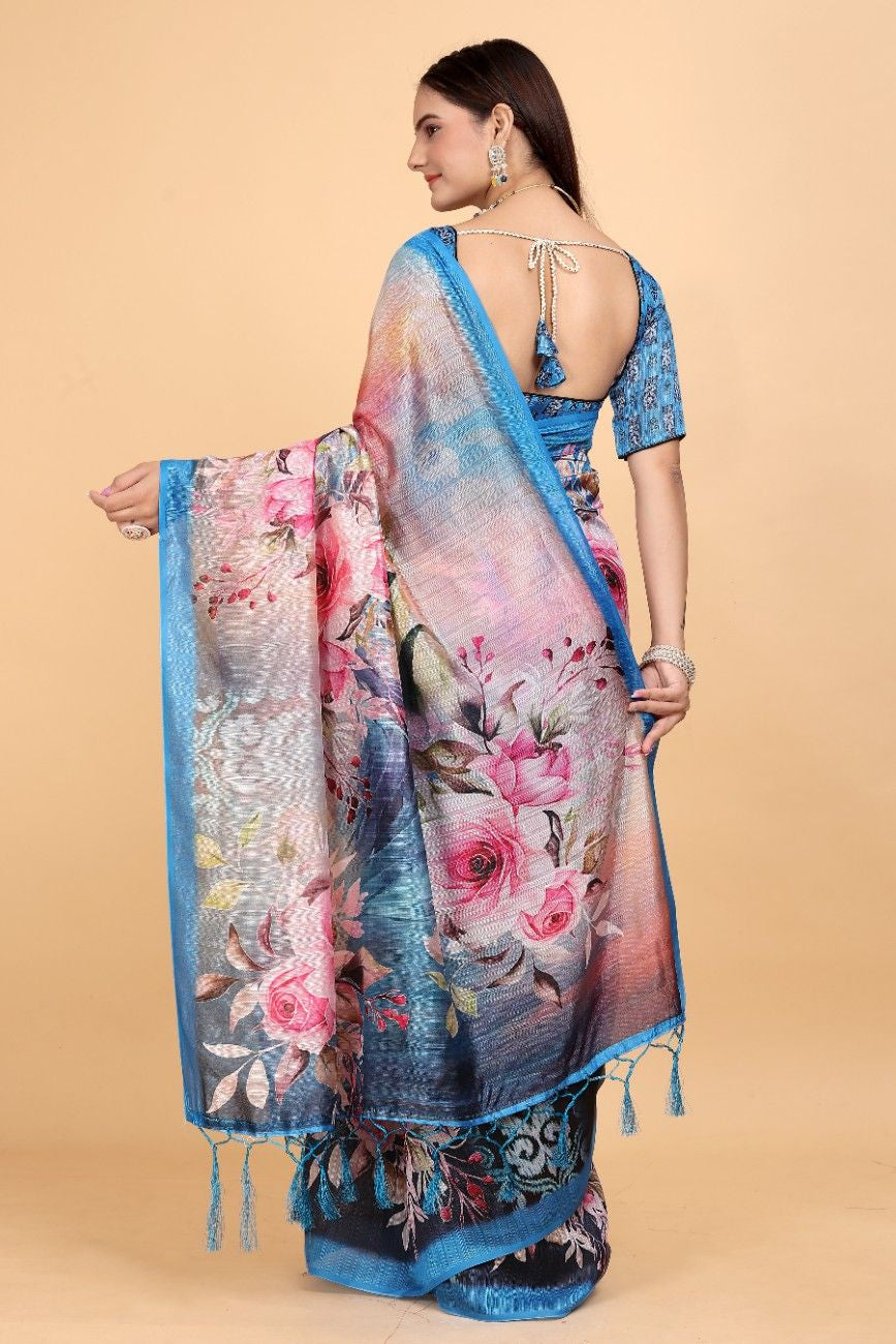 Silk Blend Saree with bold floral motifs and intricate border