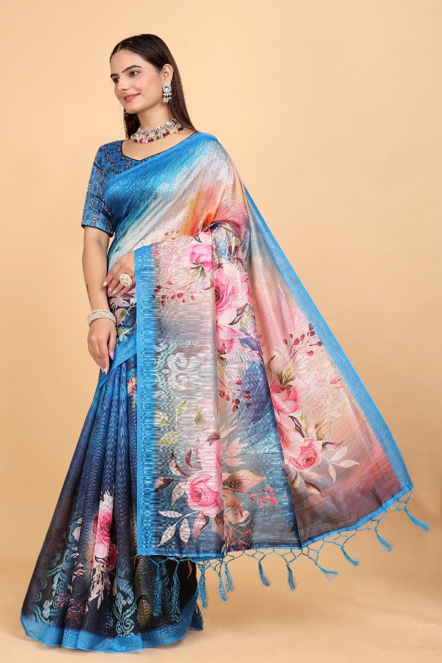 Silk Blend Saree with bold floral motifs and intricate border