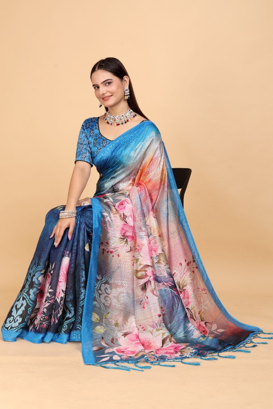 Silk Blend Saree with bold floral motifs and intricate border