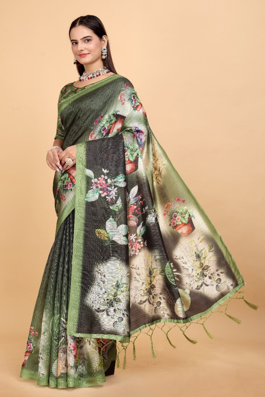 Silk Blend Saree with bold floral motifs and intricate border