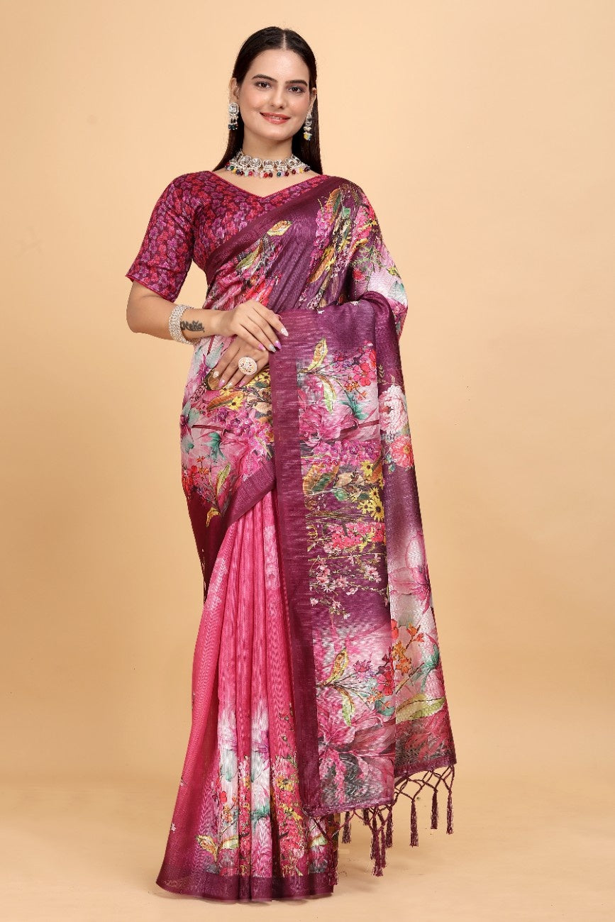 Silk Blend Saree with bold floral motifs and intricate border