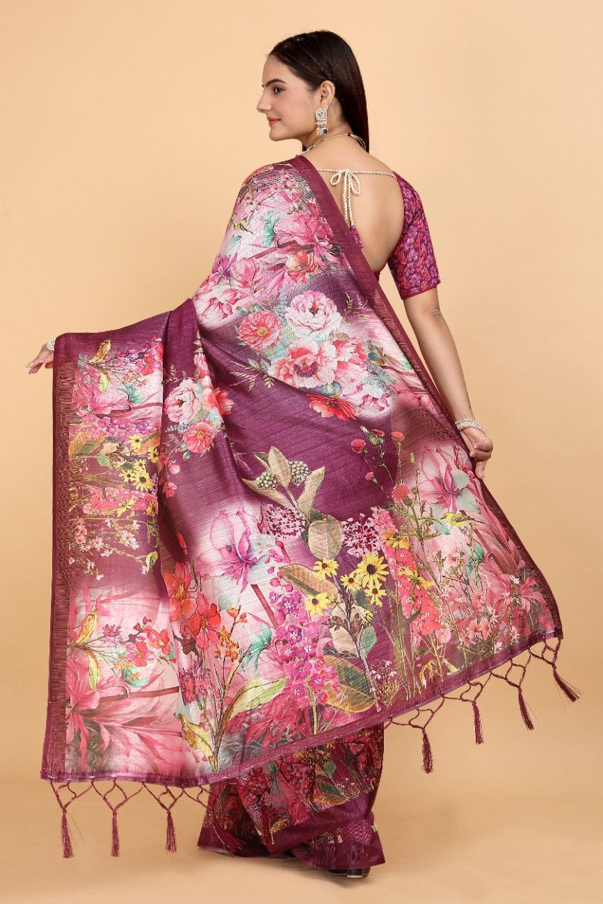 Silk Blend Saree with bold floral motifs and intricate border