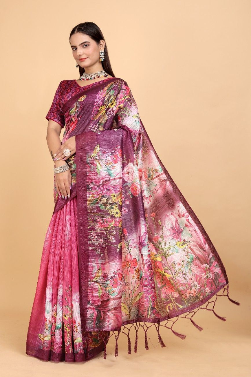 Silk Blend Saree with bold floral motifs and intricate border