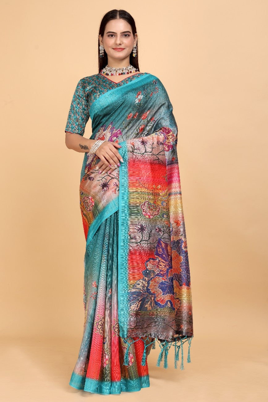 Silk Blend Saree with bold floral motifs and intricate border