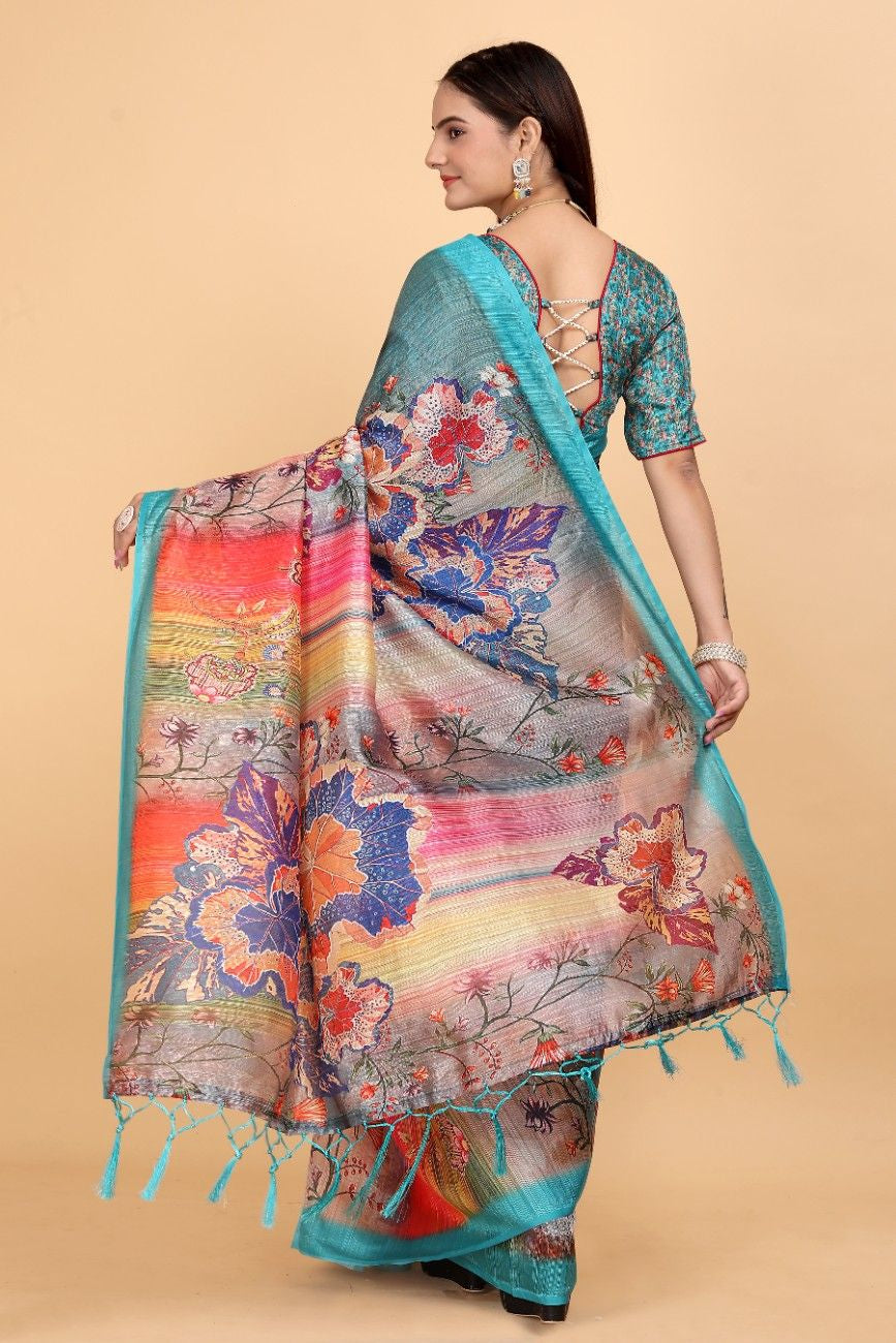 Silk Blend Saree with bold floral motifs and intricate border