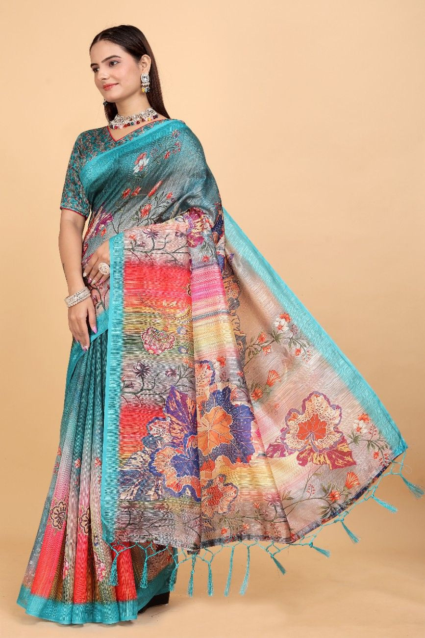 Silk Blend Saree with bold floral motifs and intricate border
