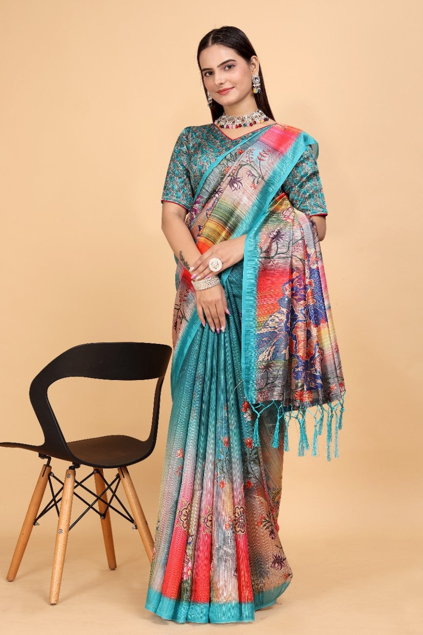 Silk Blend Saree with bold floral motifs and intricate border