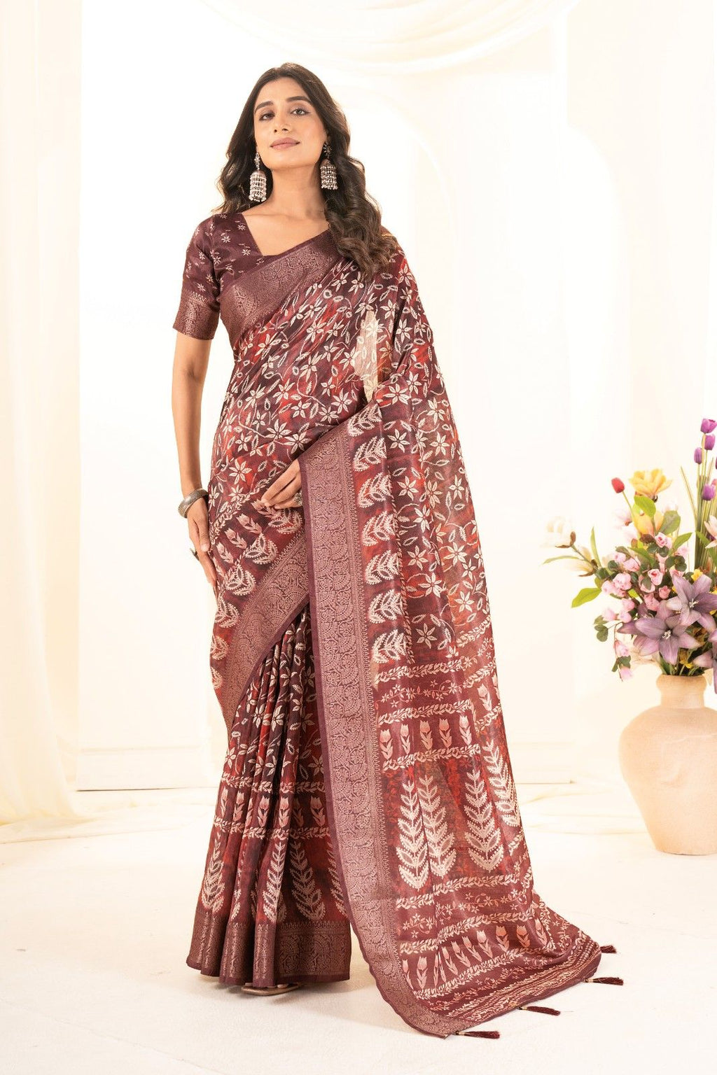 Tusser silk saree with Ajrak digital print and finished with fancy latkans.