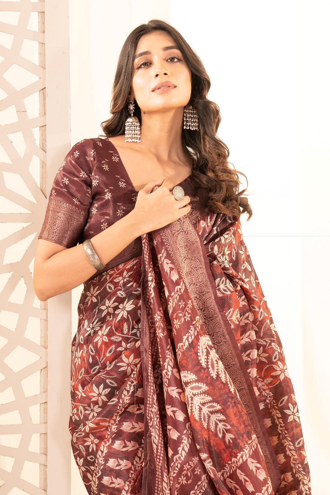 Tusser silk saree with Ajrak digital print and finished with fancy latkans.