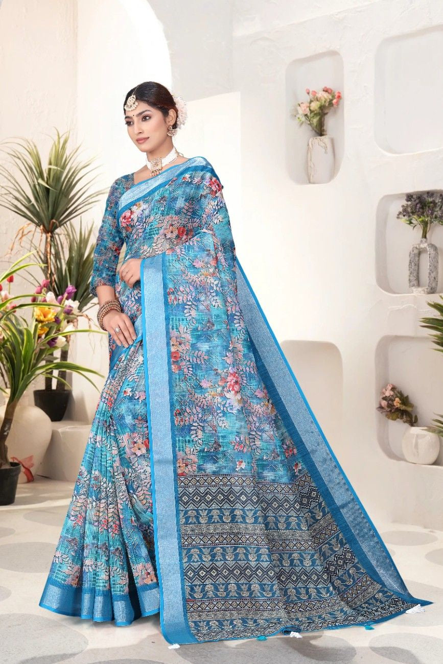 Georgette Saree with Digital Floral AND Geometric Print & Fancy Latkans