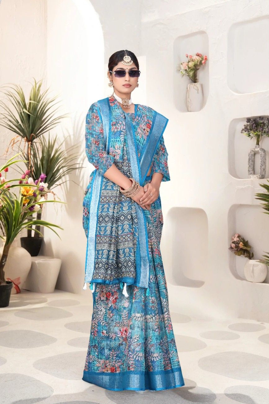 Georgette Saree with Digital Floral AND Geometric Print & Fancy Latkans