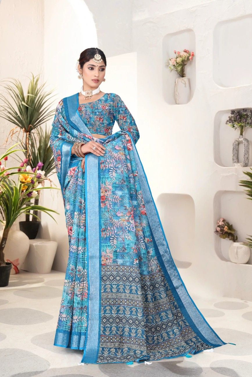 Georgette Saree with Digital Floral AND Geometric Print & Fancy Latkans