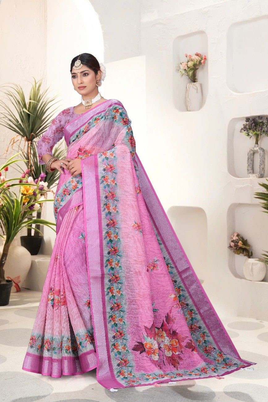 Georgette Saree with Digital Floral AND Geometric Print & Fancy Latkans