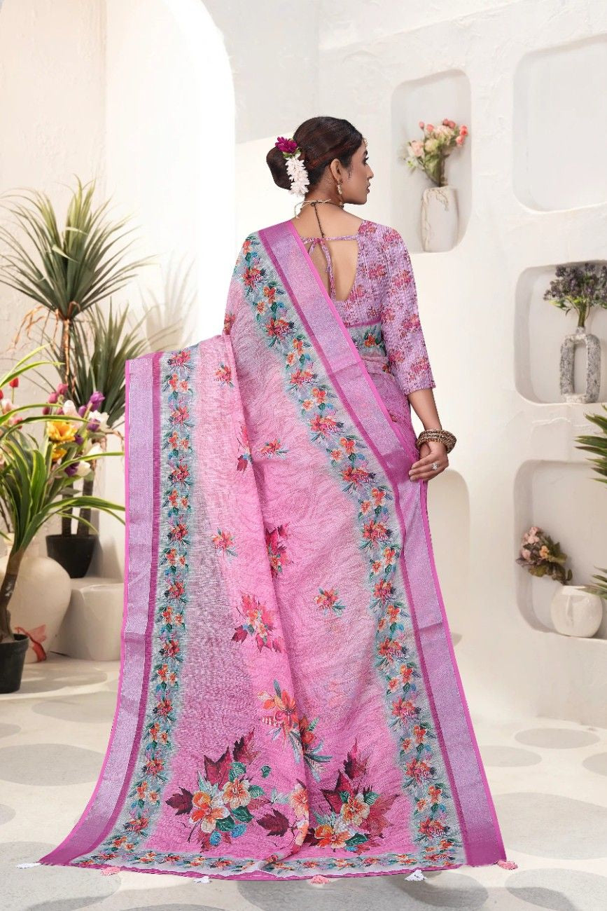 Georgette Saree with Digital Floral AND Geometric Print & Fancy Latkans