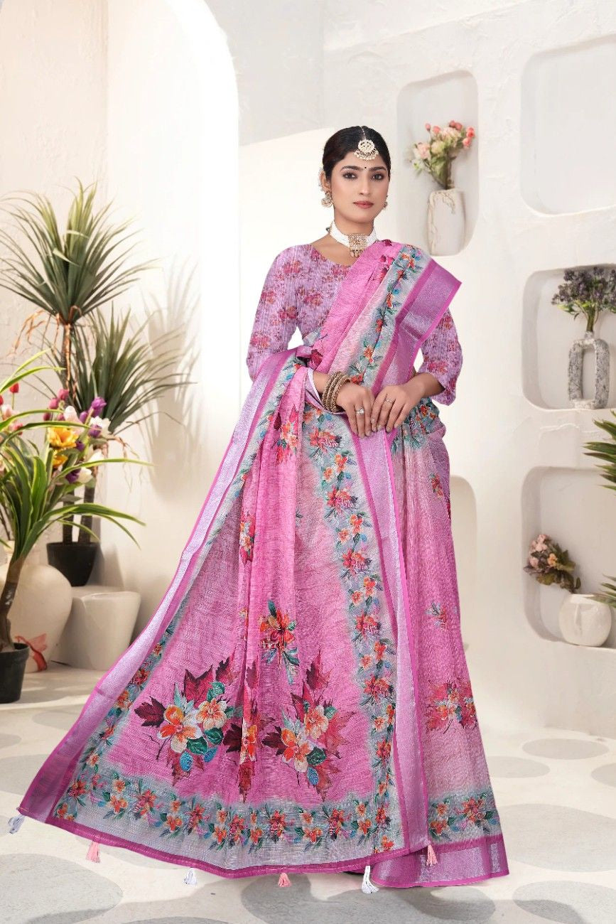 Georgette Saree with Digital Floral AND Geometric Print & Fancy Latkans