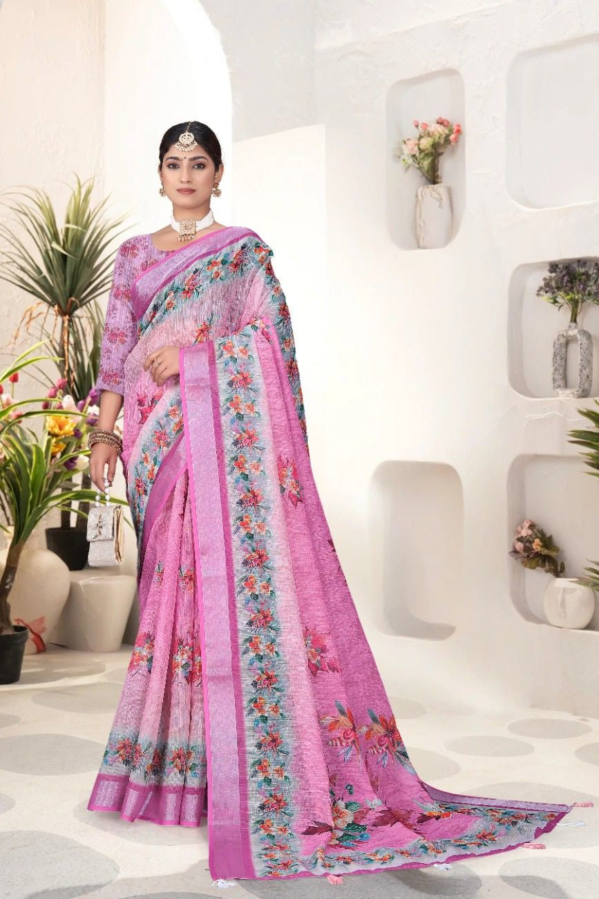 Georgette Saree with Digital Floral AND Geometric Print & Fancy Latkans