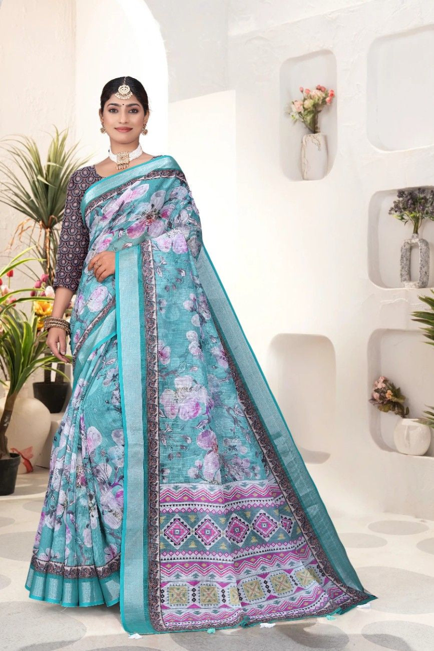 Georgette Saree with Digital Floral AND Geometric Print & Fancy Latkans