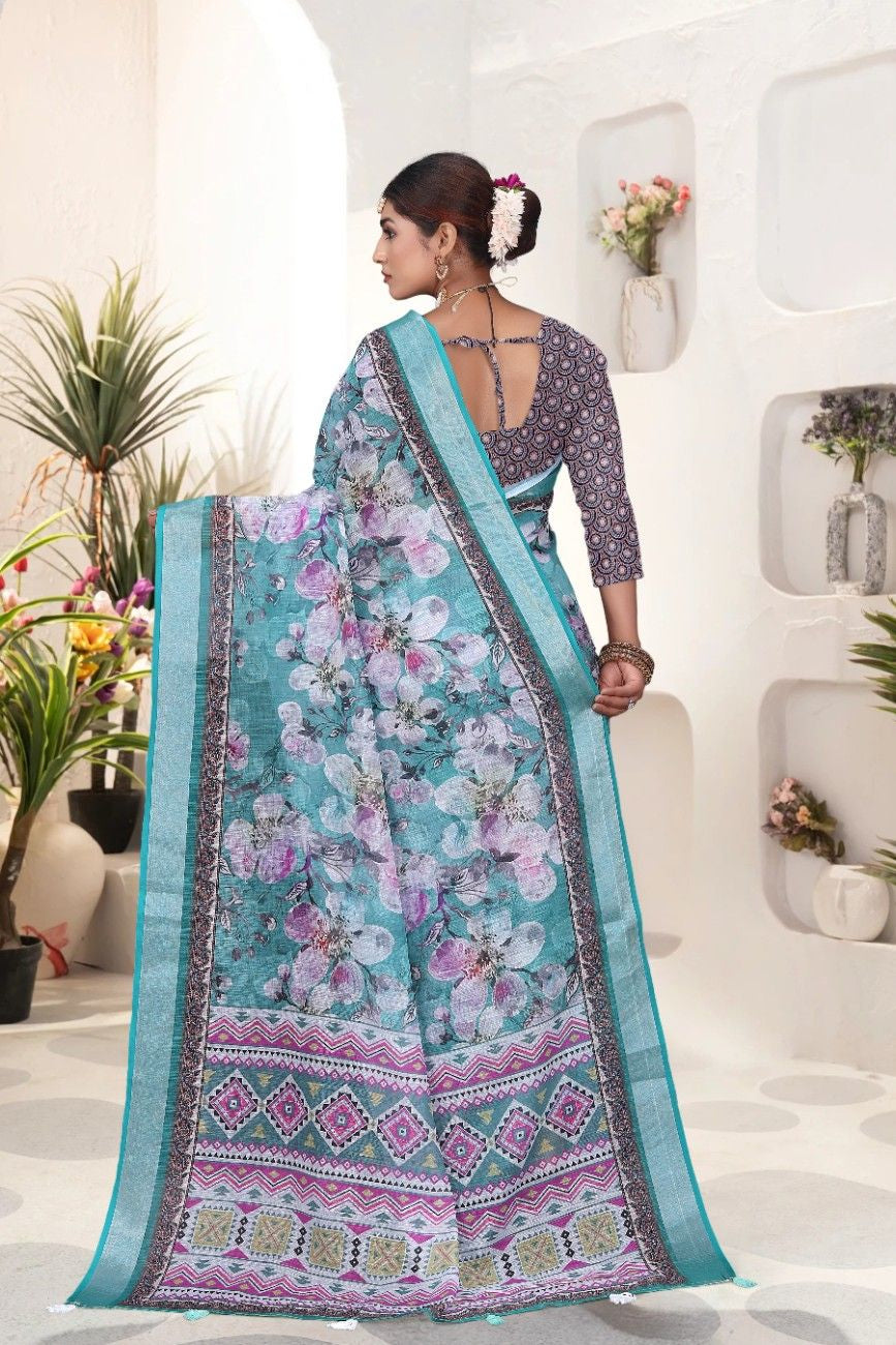 Georgette Saree with Digital Floral AND Geometric Print & Fancy Latkans