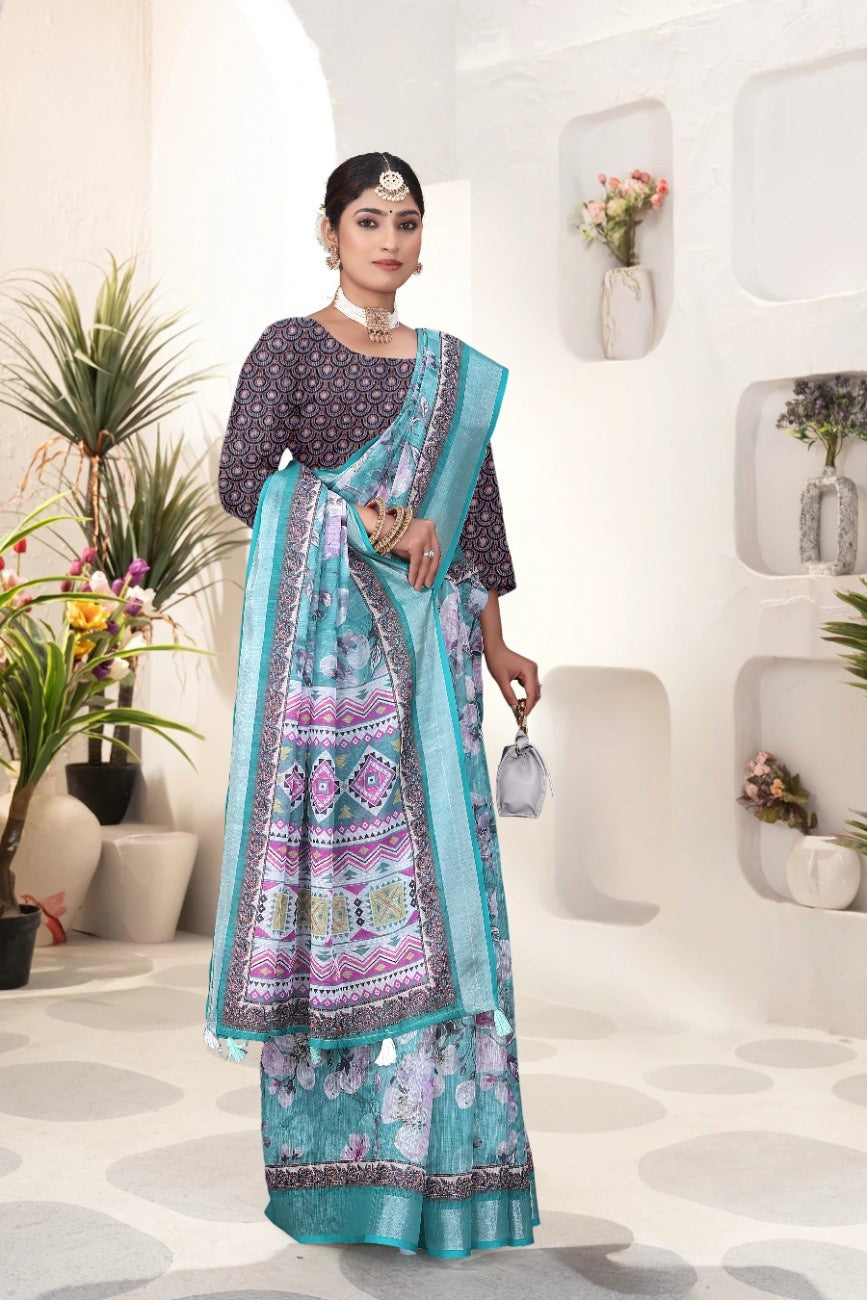 Georgette Saree with Digital Floral AND Geometric Print & Fancy Latkans