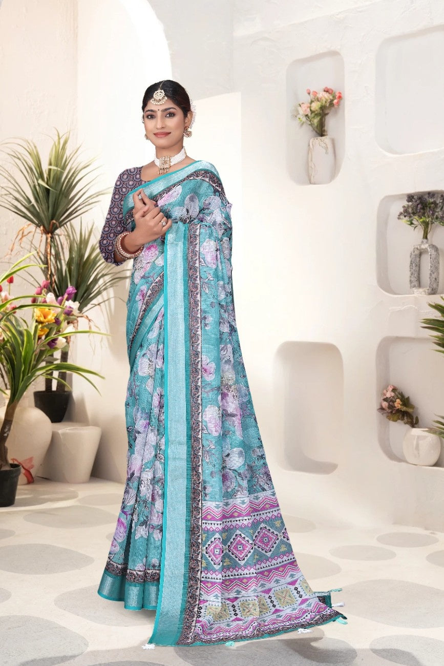 Georgette Saree with Digital Floral AND Geometric Print & Fancy Latkans