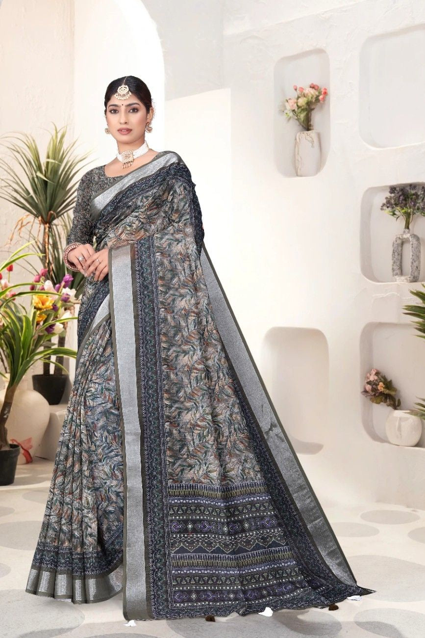 Georgette Saree with Digital Floral AND Geometric Print & Fancy Latkans