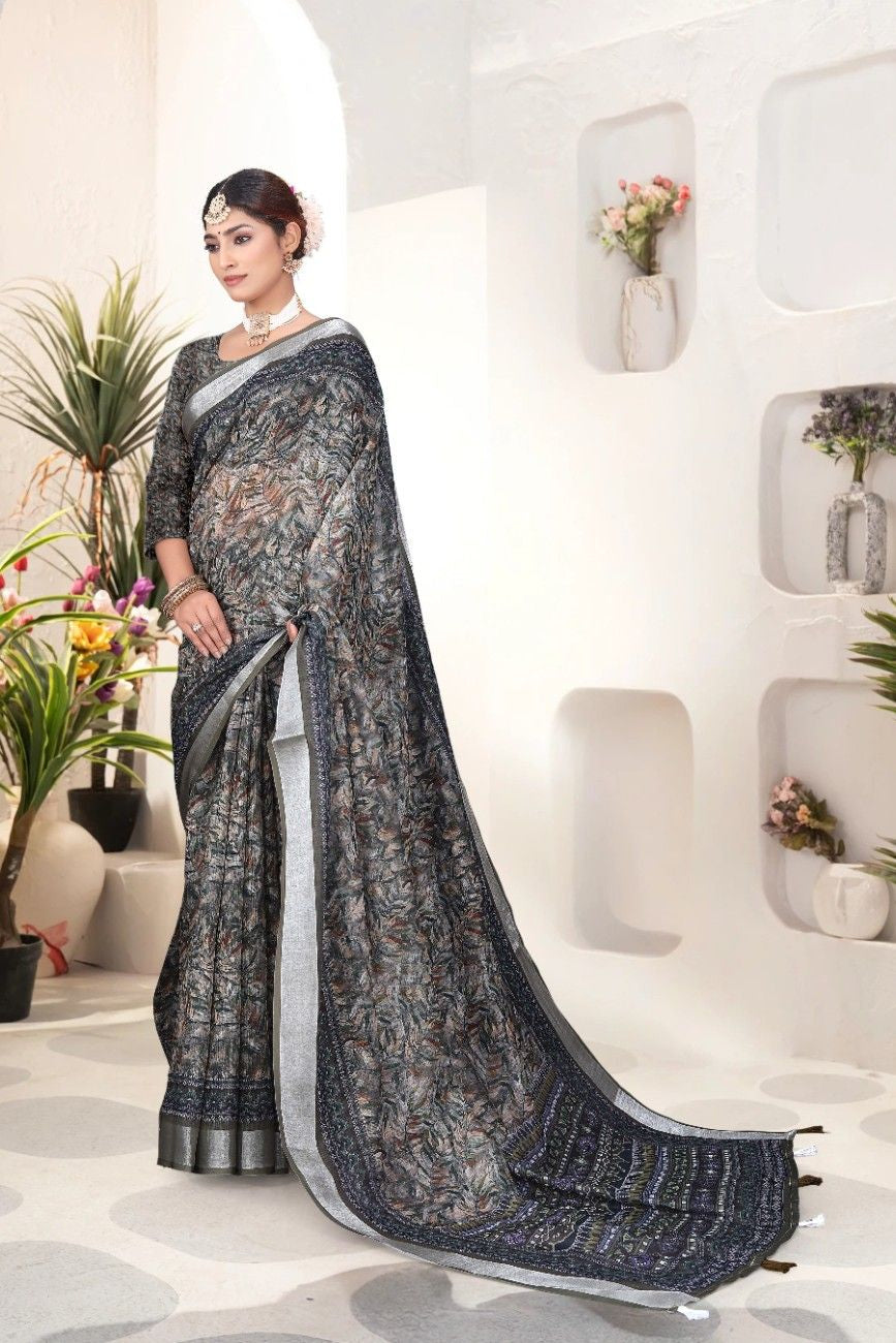 Georgette Saree with Digital Floral AND Geometric Print & Fancy Latkans