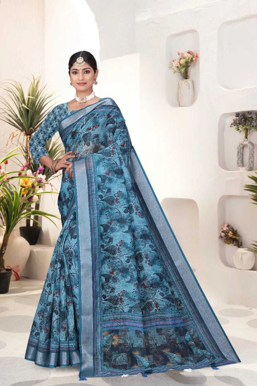 Georgette Saree with Digital Floral AND Geometric Print & Fancy Latkans