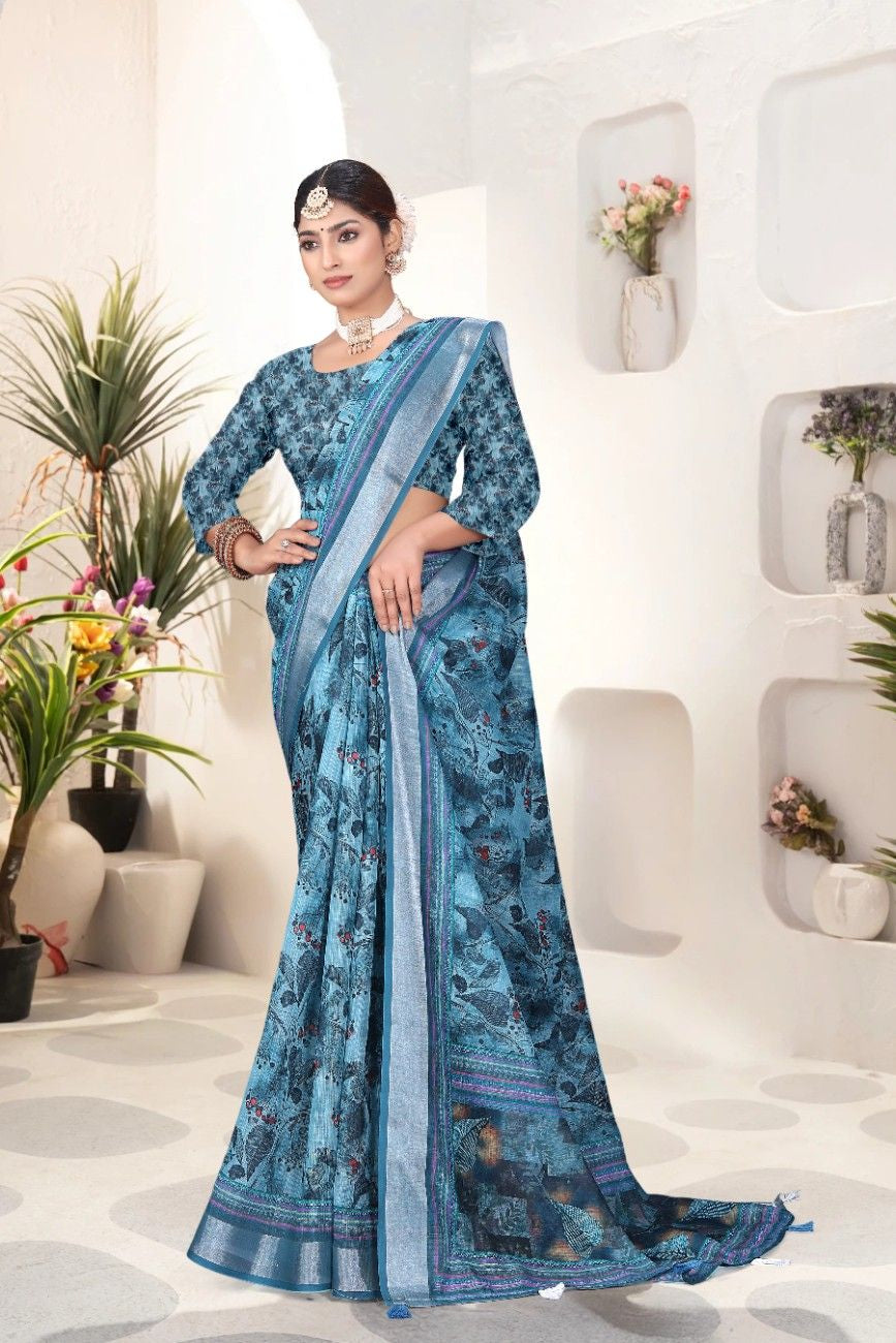 Georgette Saree with Digital Floral AND Geometric Print & Fancy Latkans