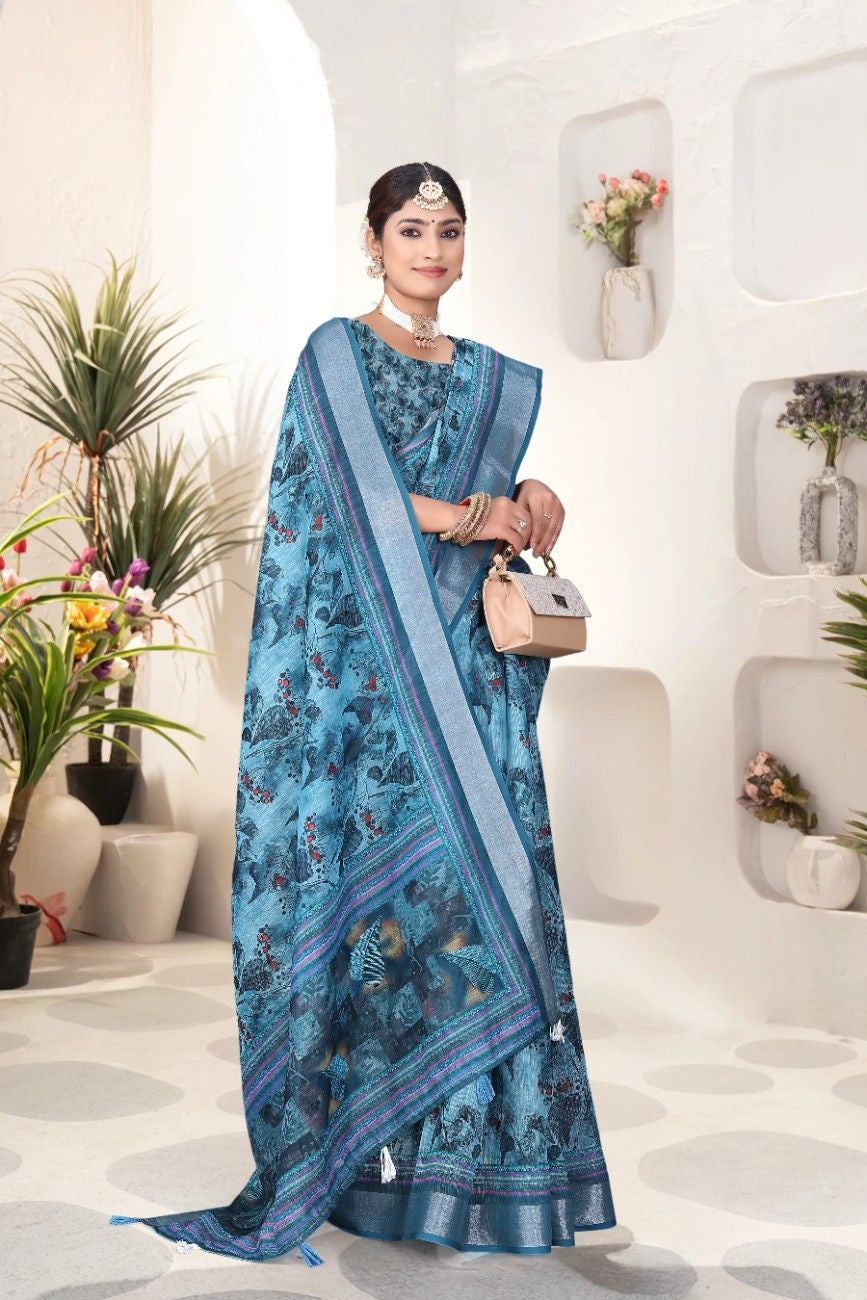 Georgette Saree with Digital Floral AND Geometric Print & Fancy Latkans