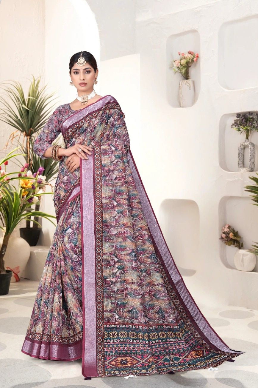 Georgette Saree with Digital Floral AND Geometric Print & Fancy Latkans