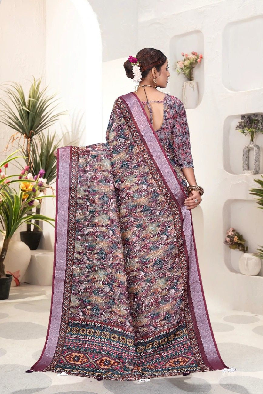 Georgette Saree with Digital Floral AND Geometric Print & Fancy Latkans