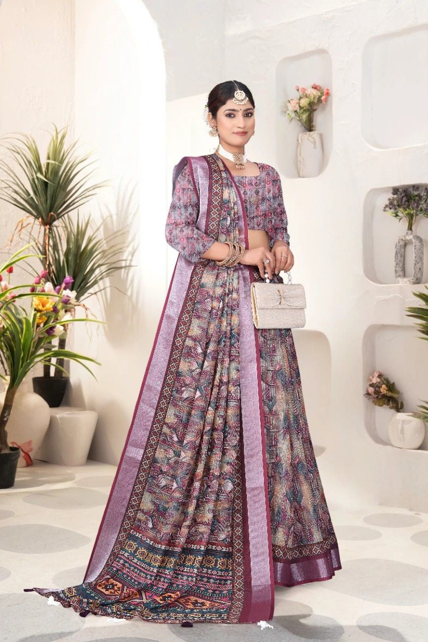 Georgette Saree with Digital Floral AND Geometric Print & Fancy Latkans