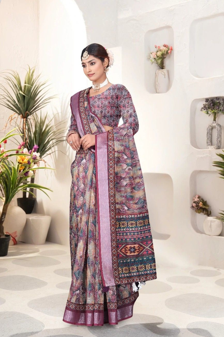 Georgette Saree with Digital Floral AND Geometric Print & Fancy Latkans